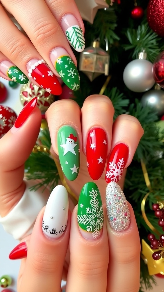 A collection of almond-shaped Christmas nails with red, green, and snowflake designs in a festive setting.